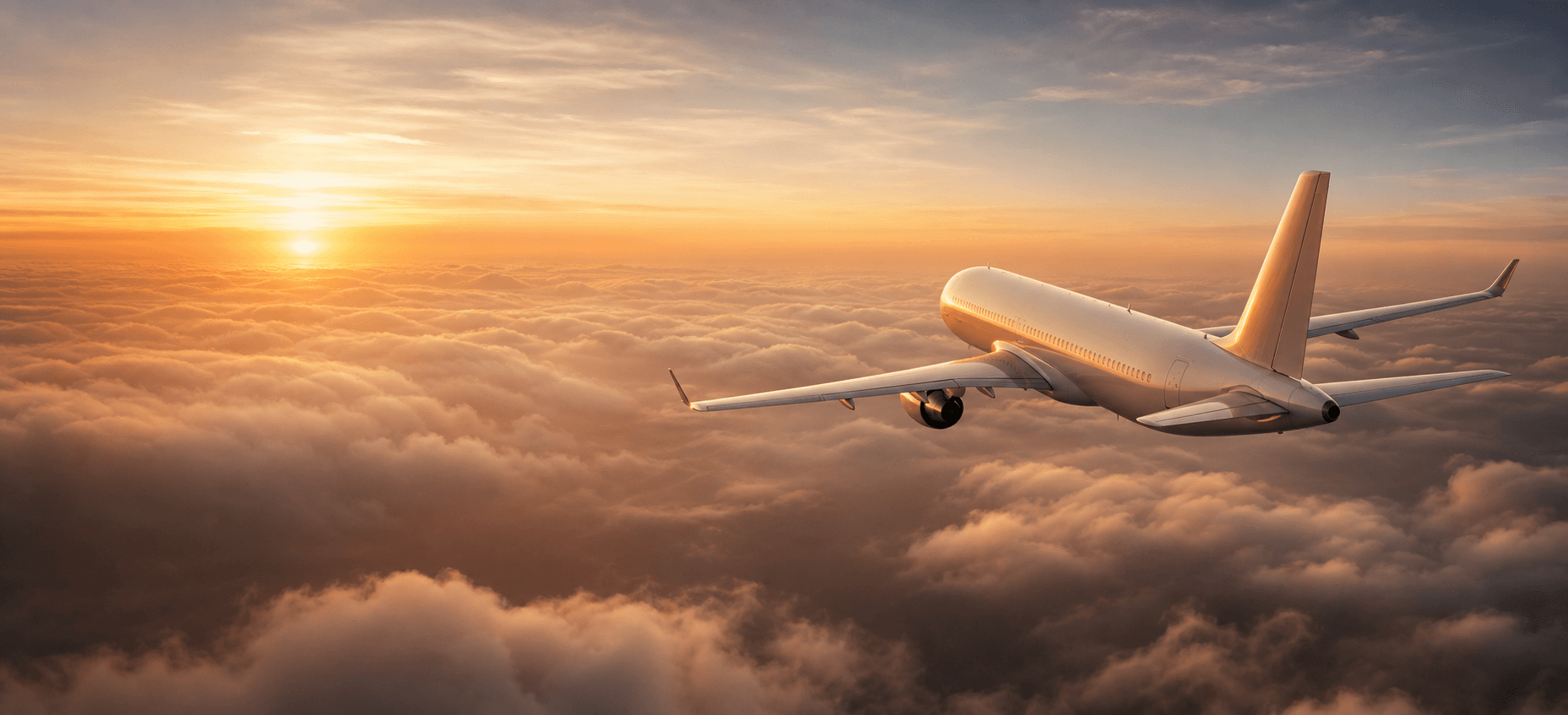 Passenger airplane flying above clouds at sunrise